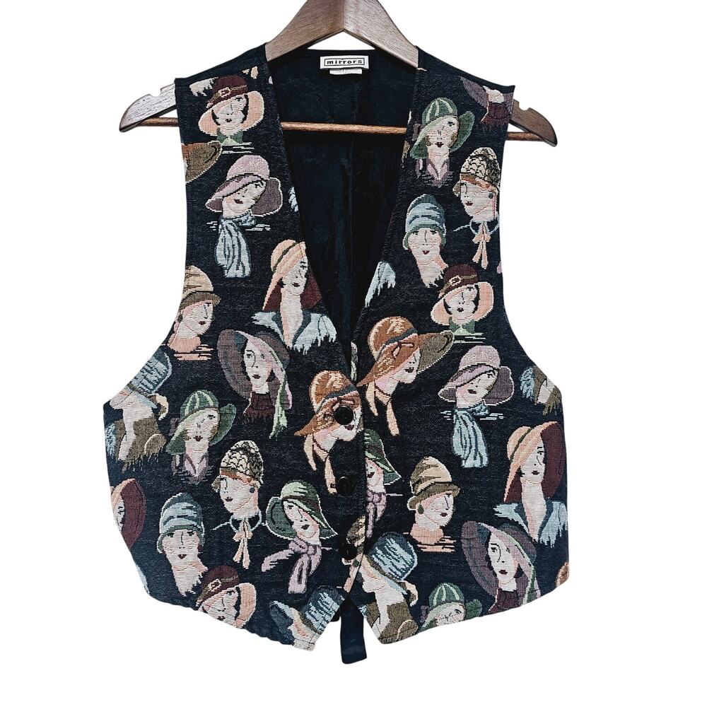 Vintage Mirrors Tapestry Vest Women's Size L USA Women in Hats Retro Grandmacore